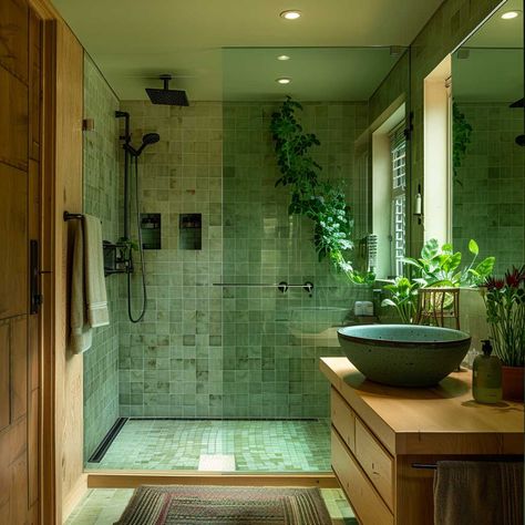 7+ New Bathroom Ideas in Green for a Refreshing Look • 333+ Art Images Bathroom Ideas Natural Stone, Bathroom Ideas With Green, Warm Cozy Bathroom, Green Themed Bathroom, Bohemian House Design, Green Washroom, Green And Wood Bathroom, Garden Bathroom Ideas, Colourful Bathrooms