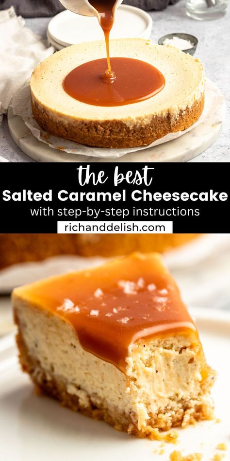 This salted caramel cheesecake is rich and velvety smooth and is topped with homemade caramel sauce and flakey salt. Cheesecake With Sour Cream, Caramel Cheesecake Recipes, Flakey Salt, Frozen Cheesecake, Salted Caramel Cheesecake, Classic Cheesecake, Caramel Cheesecake, Salted Caramel Sauce, Caramel Topping