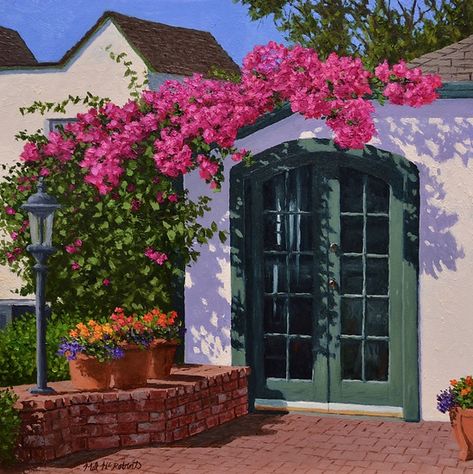 Bougainvillea Acrylic Painting, Bogenvilla Flower Painting, Bougainvillea Illustration, Bougainvillea Painting, Potter Wallpaper, Landscape Painting Tutorial, Arch Flowers, Painting Competition, Acrylic Painting Flowers