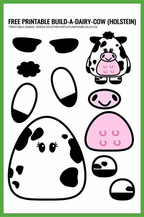 It's a two-for-one deal with this free printable Build A Cow template! Kids can learn about the Holstein breed of cattle - those iconic black and white ones - with this cute printable dairy cow and bull. They're part of a wider set of buildable characters that are a fun free activity to do at home, in an activity group or club, during homeschool, or in the classroom! #BuildACow #FreePrintables #ThePurplePumpkinBlog #PrintablesForKids #HomeschoolPrintables #CowTemplate Cow Template, Cow Craft, Purple Pumpkin, Dairy Cow, Papercraft Printable, Printable Animals, Animal Crafts For Kids, Aktivitas Montessori, Dairy Cows