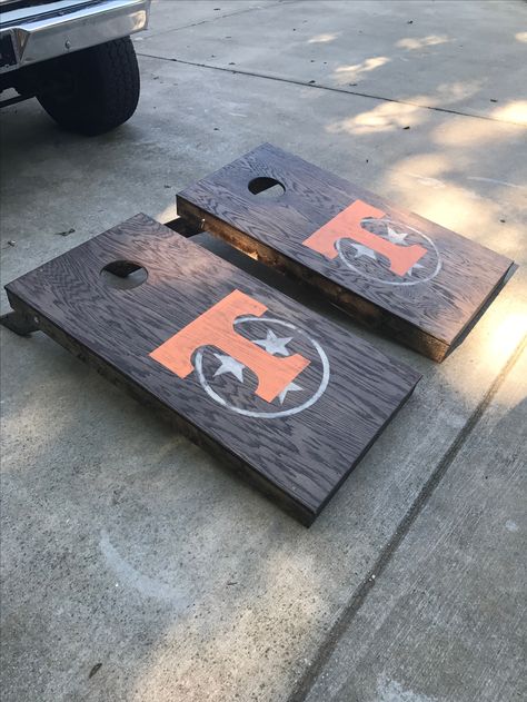 University of Tennessee cornhole boards. With Tennessee tristar logo. Jacobean stain. #diy #cornhole Tennessee Cornhole Boards, Tennessee Vols Cornhole Boards, Tailgate Necessities, School Auction Art Projects, Tennessee Crafts, Diy Cornhole, Tennessee Tristar, Diy Cornhole Boards, Cornhole Boards Designs