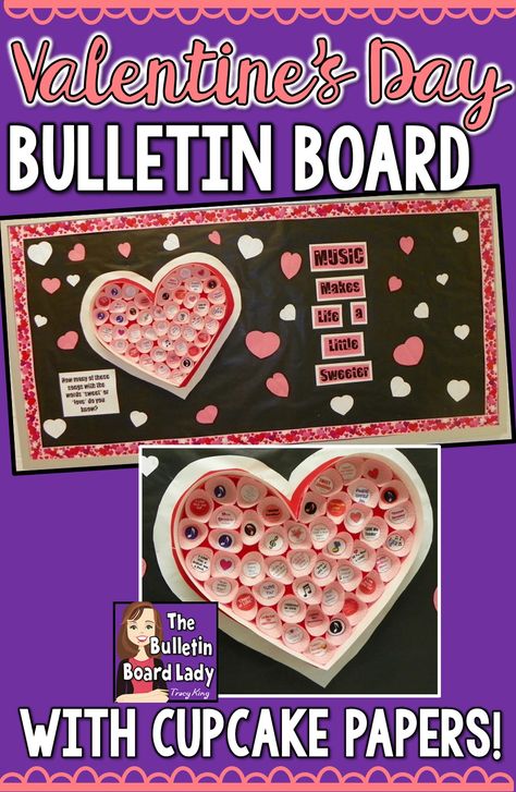 Valentine's Day bulletin board for any classroom.  Use cupcake papers to make a giant, heart-shaped "candy" box. Read this post to learn how. February Music Bulletin Boards, Valentines Boards, Candyland Classroom, Bulletin Board Activities, Valentines Board, Valentine Board, February Bulletin Boards, February Art, Kindness Bulletin Board