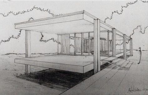 Farnsworth House Farnsworth House Drawing, Farnsworth House Sketch, Barcelona Pavilion, Farnsworth House, Case Study Houses, Ludwig Mies Van Der Rohe, House Sketch, Architectural Design House Plans, Architecture Design Drawing