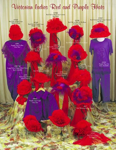 Victorian Hat,Red Hat Society Hats,Vintage Victorian Ladies Touring Hats,Riding and French Hats,Victorian Red & Purple Hats,NH,MA,ME,NY,CT,VT Red Hat Society Fashion, Red Hat Party, Butler Costume, French Hats, Red Hat Club, Color Duos, Easter Bunny Costume, Sewing Designs, French Hat