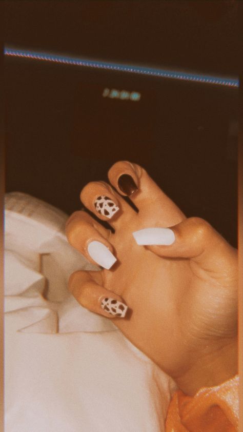 Brown And White Cow Print Nails, Brown And White Nails, Country Acrylic Nails, White Cow Print, Western Nails, Cow Nails, Short Acrylic, White Cow, Dark Nails