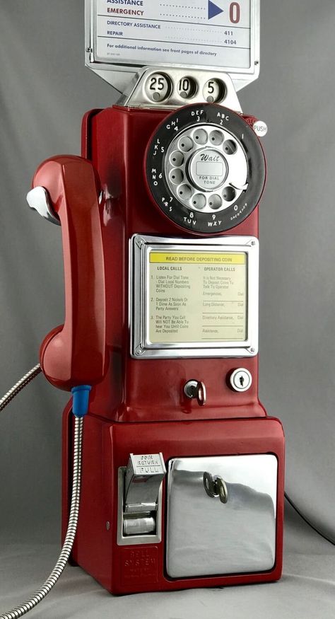 1950s Payphone - Customized with your color selection. This is your opportunity to custom design your own 1950s payphone.  Choose your choose of color for the phone body, handset, dial number ring, fingerwheel, vault door, and instruction card frames.  If you want a custom color that is not shown in the photos, please email us prior to placing your order to confirm that we have the color available. Once you place your order, send us a message and we'll work with you to custom design your phone.  Once the phone is complete, we'll send you photos for your final approval. The internal parts of this phone are all present and intact, and it has been wired with a modular line cord so that it will work on your home phone line.  Although you won't need a coin to make a call with this classic, the Phone Operator, Wall Jack, Banana Phone, 1950s Models, Vault Doors, Phone Jack, Rotary Phone, Vintage Phones, Home Phone