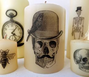 SewforSoul: Halloween DIY Printed Candles Candle Transfer, Diy Halloween Dekoration, Dekorasi Halloween, Candle Tutorial, Gothic Candles, Steampunk Theme, Valentinstag Party, Printed Candles, Theme Harry Potter