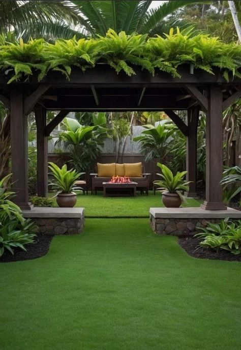 Banana Trees Landscape, Hanging Plant Decor, California Pool, Tropical Backyard Landscaping, Outdoor Makeover, Tropical Landscape Design, Tropical Retreat, Patio Grande, Restaurant Exterior