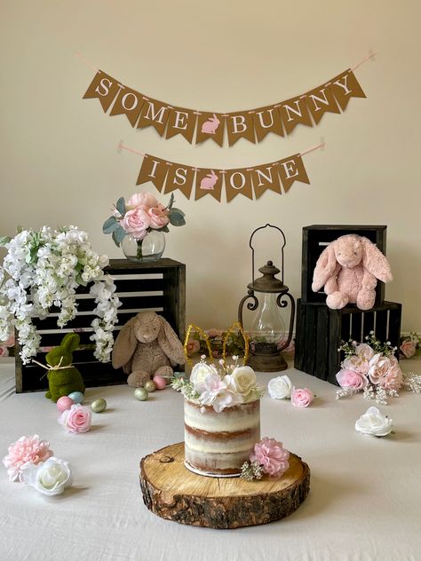 Rustic bunny spring decor Some Bunny Is Turning One Smash Cake, Some Bunny Is One Smash Cake, Some Bunny Is One Cake Smash, Bunny Smash Cake Girl, Bunny Cake Smash, Bunny Smash Cake, Baby 1st Birthday Cake, First Birthday Smash Cake, 14th Birthday Party Ideas