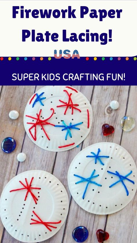 Make paper plate fireworks with your kids this 4th of July for an easy and mess free firework craft. The step-by-step directions are easy and the kids will love decorating the wall with their new craft.This craft is more than just a craft. As your kids make their fireworks and lace yarn through their paper plate they will improve their fine motor skills and hand eye coordination. July Activities For Kids, Firework Craft, Fourth Of July Activities, Summer Crafts For Toddlers, Fourth Of July Crafts For Kids, July Activities, Fireworks Craft, Independence Day Theme, Paper Plate Crafts For Kids