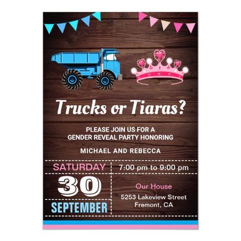 Trucks Or Tiaras Gender Reveal, Gender Reveal Baby Shower Themes, Baby Gender Reveal Party Decorations, Gender Reveal Party Games, Bow Gender Reveal, Pregnancy Gender Reveal, Gender Reveal Party Theme, Gender Reveal Themes, Gender Reveal Party Invitations