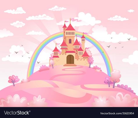 Disney Princess Background, Pink Princess Castle, Fairytale Landscape, Castle Wallpaper, Castle Vector, Magical Room, Colorful Kids Room, Pink Castle, Green Ivy