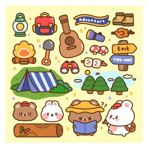 instant printable camping sticker sheet for your journal book. Showers cuteness and colors to your journal notebook. Print as many as you can and stick them wherever you want. Sticker Design Ideas, Camping Drawing, Cute Camping, Camping Journal, Printable Sticker Sheets, Cute Disney Drawings, Stickers Design, Animal Doodles, Kawaii Illustration