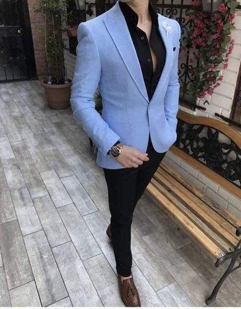 Sky Blue Blazer Outfit Men Wedding, Casual Coat For Men, Hoco Outfits, Blue Blazer Outfit Men, Black Shirt Outfit Men, Blue Blazer Men, Black Shirt Outfits, Light Blue Blazer, Light Blue Suit