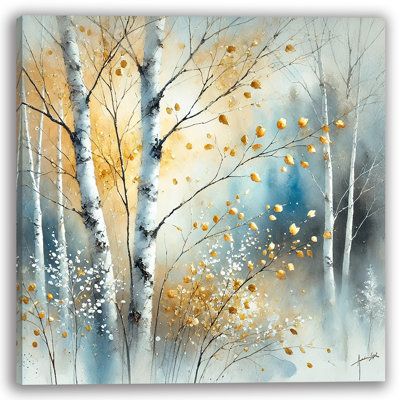 Embrace the beauty of fall with this exquisite watercolor canvas art, showcasing golden birch trees gently swaying in the autumn breeze. With warm golden hues and delicate details, this piece captures the essence of the changing season, evoking a sense of calm and natural beauty. Perfect for nature lovers, this artwork will add a touch of elegance and tranquility to any space. Millwood Pines Overall Size: 12" H x 12" W x 1" D | Millwood Pines en Birch Trees w / Autumn Breeze - Wrapped Canvas Art Trees Watercolor Painting, Aspen Trees Painting, Birch Trees Landscaping, Tree Watercolor Painting, Sky Art Painting, Autumn Breeze, Gold Watercolor, Aspen Trees, Fall Watercolor