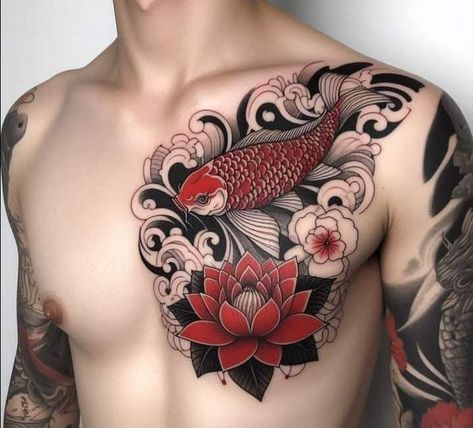 Chest Tats Men, Japanese Chest Tattoo, Koi Fish Tattoo Ideas, Chest Tattoo Men Ideas, Fish Tattoo Ideas, Japanese Hand Tattoos, Japanese Koi Fish Tattoo, Koi Tattoo Sleeve, Hanya Tattoo