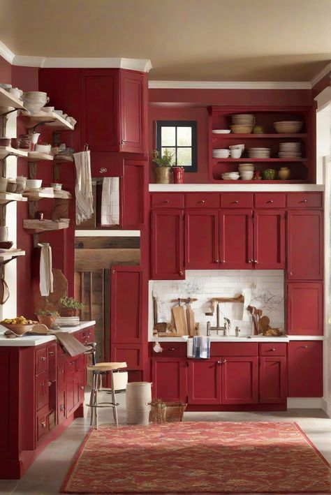 kitchen cabinet paint, kitchen cabinet design, cabinet painting techniques, kitchen cabinet color trends Green And Red Kitchen Ideas, Red Painted Kitchen Cabinets, Benjamin Moore Alabaster Cabinets, Painting Unfinished Cabinets, Benjamin Moore Alabaster, Alabaster Cabinets, Color Kitchen Cabinets, Red Kitchen Walls, Red Wall Paint