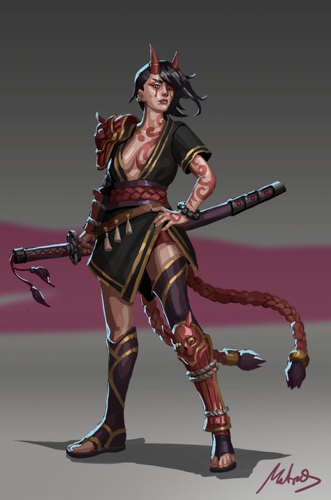 ArtStation - Demon Warrior Tiefling Samurai, Oni Character Design, Female Oni, Oni Art, Asian Festival, Oni Demon, Character Actions, Superhero Villains, Demon Art