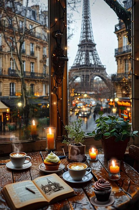 Coffee Shop Aesthetic, Paris Cafe, Autumn Scenery, The Eiffel Tower, Coffee And Books, Alam Yang Indah, Fall Wallpaper, Rainy Day, Happy Places