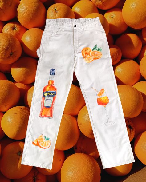 dickies pants custom hand drawn aperol spritz orange lemon citrus sicily italian italy european summer cargo carpenter painters paints food pants fun pants Art Pants, Pants Art, Lemon Pants, Quirky Girl, Orange Pants, Painters Pants, Painted Jeans, Dickies Pants, Fun Pants