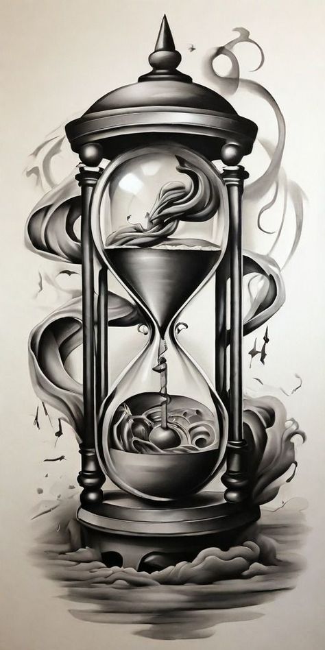 Sand Clock Tattoo Design, Sand Clock Tattoo, Hourglass Tattoo Design, Hour Glass Tattoo Design, Forearm Cover Up Tattoos, Scroll Tattoos, Compass Clock, Leg Sleeve Tattoos, Red Tattoo Ideas