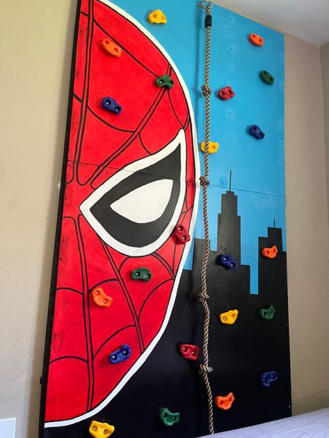 Diy Rock Wall For Kids, Rock Climbing Wall For Kids, Diy Rock Wall, Marvel Boys Bedroom, Diy Rock Climbing Wall, Spiderman Room Ideas, Climbing Wall For Kids, Spiderman Room Decor, Spiderman Bedroom