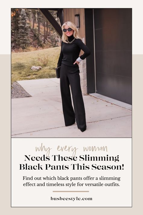 Every woman needs a pair of slimming black pants! These wardrobe essentials are versatile, flattering, and make getting dressed a breeze. Style them for the office, date night, or even a holiday party. Check out two simple ways to wear black pants this season! #BlackPants #WardrobeEssentials #StyleTips Black Trouser Outfit Ideas, Black Trouser Outfit, Black Trousers Outfit, Fashion 23, Black Slim Pants, Afrocentric Fashion, Loose Fitting Pants, Packing Clothes, Trouser Outfit