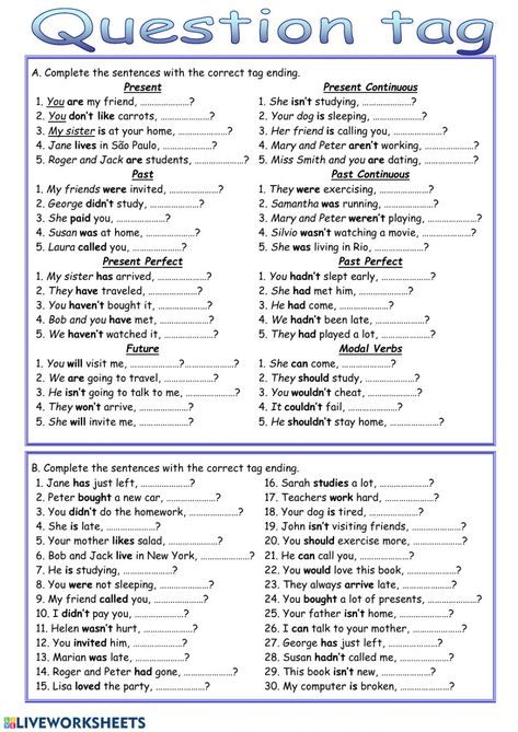 Question tags worksheet by dujicka Grade 8 Worksheets English, Grade 8 English Worksheets Grammar Lessons, Question Tags Worksheet With Answers, Question Tags Grammar, Grade 10 English Worksheets, Tag Questions Grammar, Grade 8 English Worksheets, Tag Questions Worksheets, Question Tags Worksheet