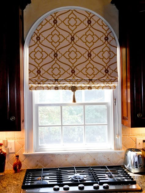 Arch Top Roman Shade | William West ... Rounded Window Curtains, Half Circle Window, Arched Window Coverings, Curtains For Arched Windows, Corner Window Curtains, Arched Window Treatments, Window Curtain Designs, Bay Window Curtains, Arch Window