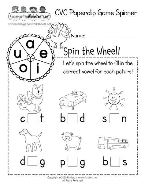 Phonetics For Kids, Game Spinner, Cvc Word Games, Kindergarten Thanksgiving, Handwriting Practice Paper, Middle Sounds, Cvc Words Worksheets, Vowel Activities, Missing Letters