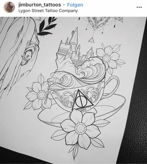 Harry Potter Tea Cup Tattoo, Harry Potter Flash Tattoo, Harry Potter Tattoo Designs, Disney Inspired Tattoos, Hogwarts Tattoo, Nature Tattoo Ideas, Fingerprint Tattoos, Teacup Tattoo, Harry Tattoos