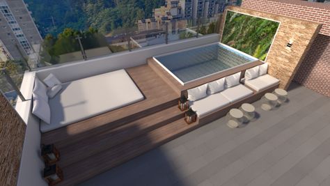 Roof Top Jacuzzi Ideas, Roof Top Patio Ideas, Roof Top Pool Design, Roof Top Design, Rooftop Deck Design, Roof Pool, Roof Terrace Design, Deck Piscina, Hot Tub Patio