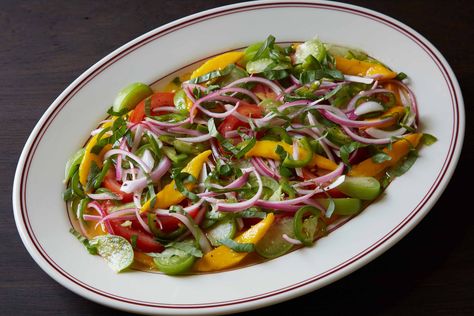 Mango, Tomato, Tomatillo, Basil and Jalapeño Salad Jalapeño Salad, Patti Jinich Recipes, Patis Mexican Table, Pati Jinich, Avocados From Mexico, Avocado Salad Dressing, Mexican Table, Avocado Sauce, Tomato Salad