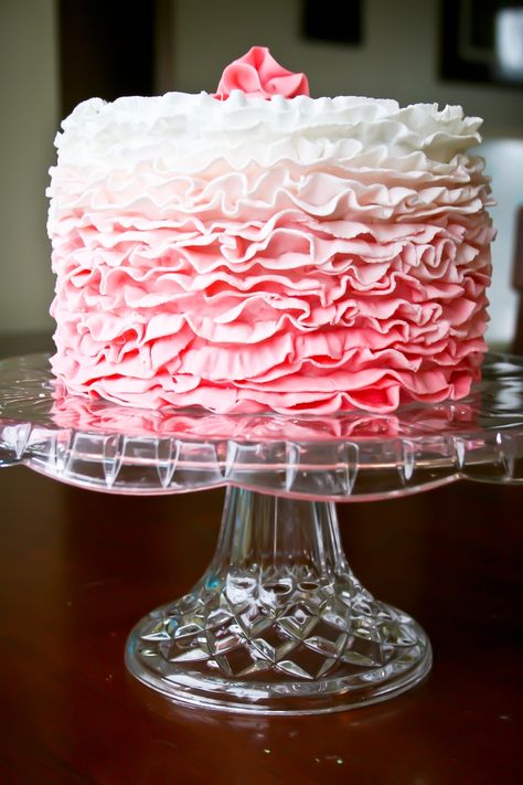 Perfect Pink Ruffle Cake - love these colors and would be perfect for like a TUTU (turning 2 party!) simple but very elegant and cute! Pink Ruffle Cake, Ombre Cake, Ruffle Cake, Cake Central, Gateaux Cake, Delectable Desserts, Types Of Cakes, Cake Boss, Cupcake Cake