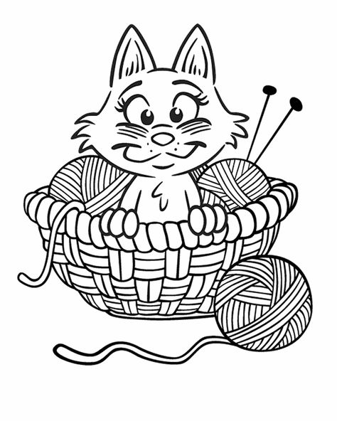 Cat in knitting basket Cat Coloring Page, Cartoon Coloring Pages, Cat Crafts, Cat Cards, Digi Stamps, Free Printable Coloring, Free Printable Coloring Pages, Coloring Book Pages, Digital Stamps