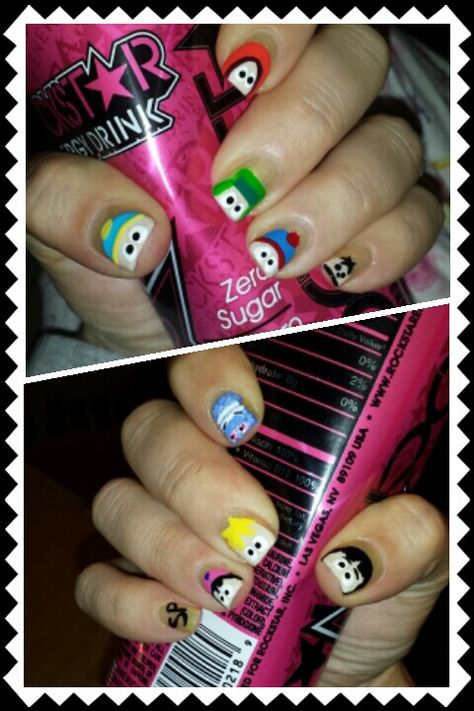 South Park nails! Hooray! South Park Room Decor Diy, South Park Nails Ideas, South Park Nail Art, Southpark Nails, Emo South Park, South Park Inspired Outfits, Clowncore Nails, South Park Nails, Memories Ideas