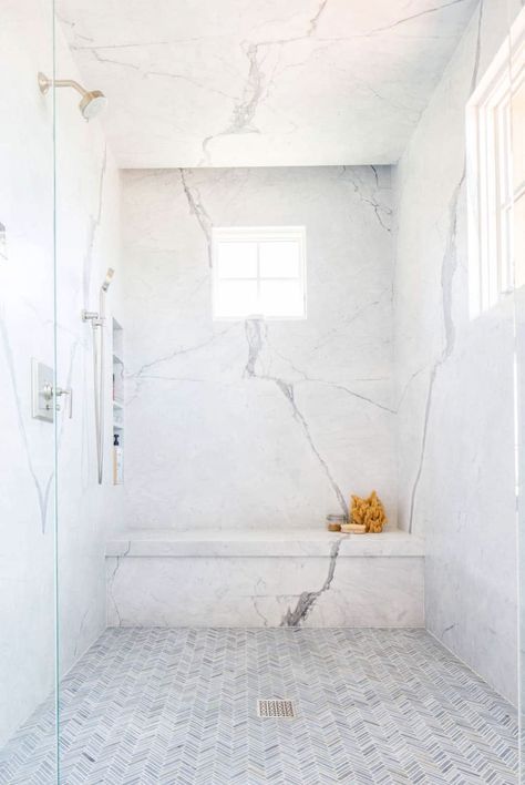 Marble Herringbone Floor, Amazing Master Bathrooms, Marble Bathroom Designs, Marble Showers, Shower Floor Tile, Master Shower, Bad Inspiration, Shower Niche, Bathroom Remodel Shower