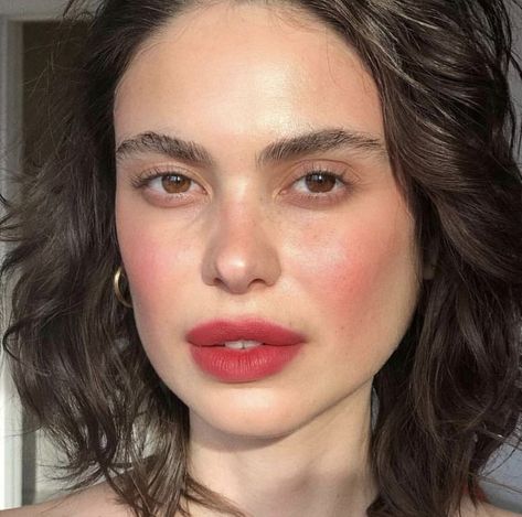 Rosy Cheeks Makeup Natural Looks, Rosy Lips Makeup, Blotted Red Lip, Rosy Cheeks Natural, Natural Red Cheeks, Red Blush Makeup Look, Rosy Cheeks Makeup, Natural Rosy Cheeks, Heavy Blush