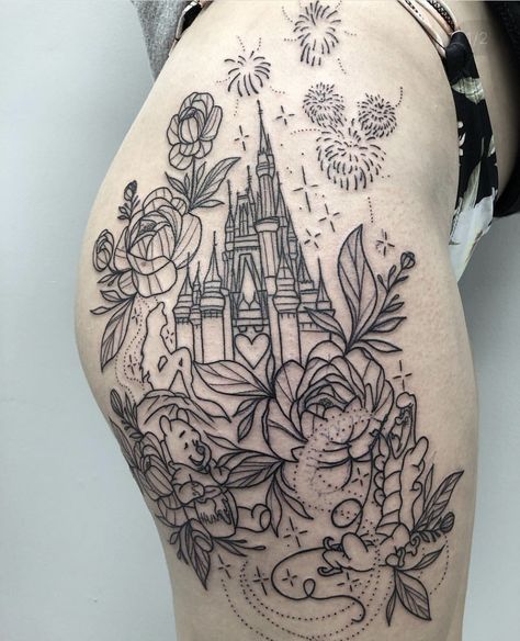 Floral Disney Castle Tattoo, Thigh Disney Tattoo, Leg Tattoos Women Disney, Disney Quarter Sleeve Tattoo, Disney Tattoos Sleeve Leg, Disney Full Sleeve Tattoo, Disney Tattoos Thigh, Disney Shoulder Tattoos For Women, Disney Sleeve Tattoo Black And White