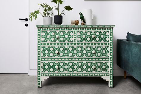 Drawer Wallpaper, Teal Sofa Living Room, Classic Chest Of Drawers, Bone Inlay Dresser, Green Dresser, Furniture Coffee Table, Teal Sofa, Bone Inlay Furniture, Coffee Table Furniture