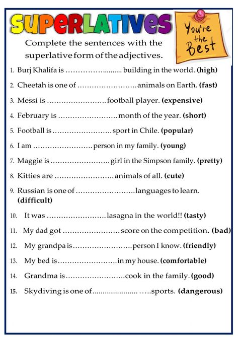 Superlative Adjectives Worksheets, Superlatives Worksheet, Comparative And Superlative Adverbs, Adjectives Activities, English Grammar Quiz, Subject Object, English Adjectives, English Teaching Materials, English For Beginners