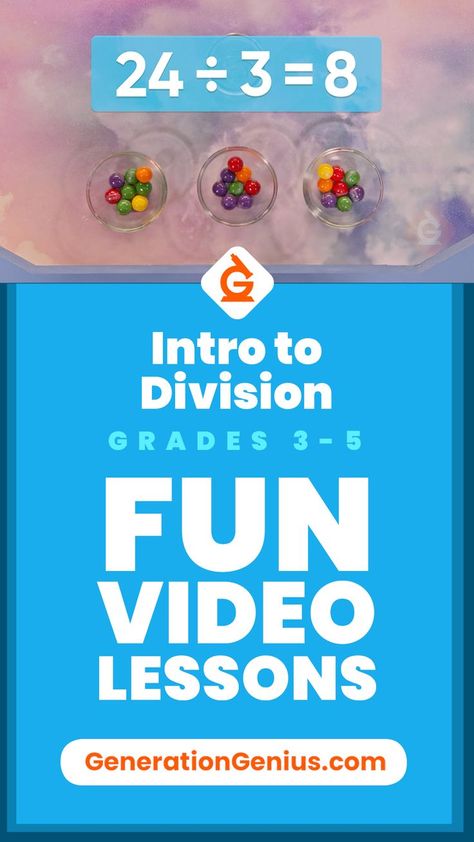 Introduction to Division Math Video and Lesson for Grades 3-5. Generation Genius is standards-aligned math and science lessons. All lessons include: fun and engaging videos, 5E lesson plans, DIY activities, practice problems, discussion questions, reading material, paper and online quizzes and more. Teachers, try it free today! Introduction To Division, Equal Groups Multiplication, Generation Genius, Division Math, Teaching Math Strategies, Eureka Math, Math Division, Math Tutorials, Math Intervention