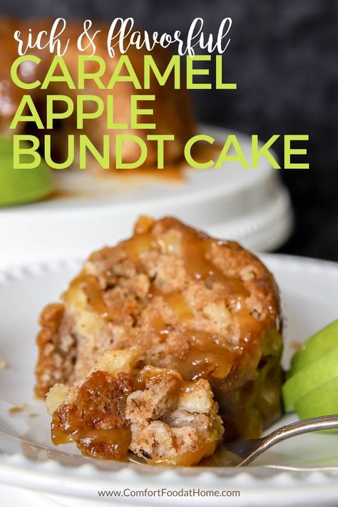 This caramel apple Bundt cake is a classic dessert that defines the phrase "sugar, spice, and everything nice." Cinnamon, tart apples and gooey caramel all come together in a moist, sweet cake that's delightfully dense. Preheat your oven and get ready to bake this delicious and nostalgic dessert! Caramel Apple Bundt Cake, No Bake Banana Pudding, Caramel Apples Easy, Apple Bundt Cake, Sugar Spice And Everything Nice, Caramel Desserts, Food At Home, Caramel Recipes, Classic Desserts