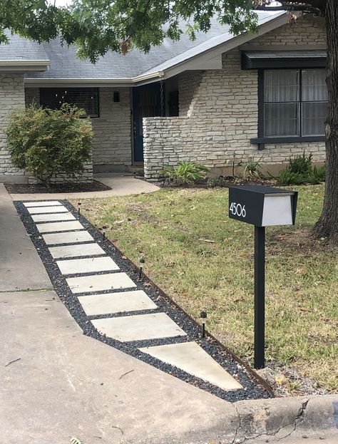 Front Yard Landscaping Walkway Entrance, Pavers In Front Of House, Landscaping Walkways To Front Door, Front Entry Walkway, Driveway Expansion, Black Pavers, White Pavers, Driveway Path, Beginners Landscaping