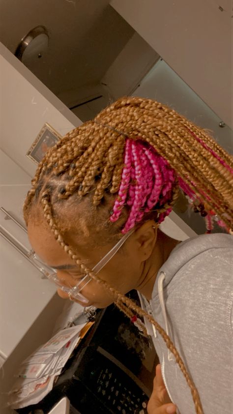 Skunk Strip Box Braids, Pink Skunk Stripe Braids, Pink Braided Ponytail, Skunk Stripe Box Braids, Skunk Braids, Skunk Stripe Braids, Peekaboo Knotless, Blonde And Pink, Pink Braids