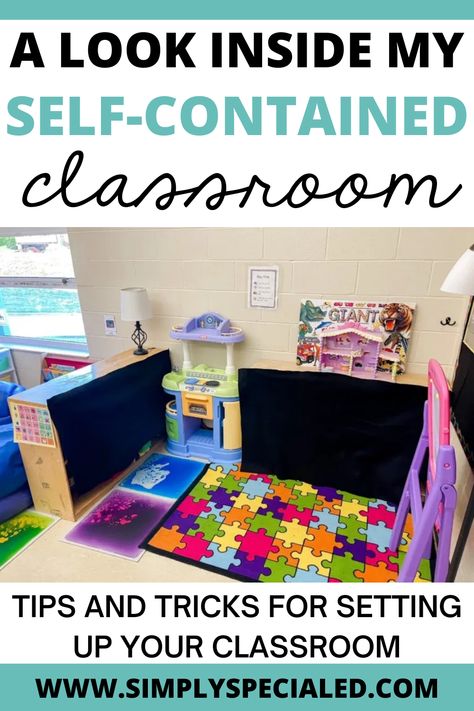 Are you wondering how to set up your self-contained classroom in a way that provides a safe and welcoming environment for your special education students? In this post, I am sharing classroom organization tips, classroom setup ideas, and how to color code your classroom. I show you how I set up my whole group center for morning meeting and social skills, as well as small group and independent centers throughout the day. I also share my task box center and how I set up students visual schedules. Social Skills Classroom Set Up, Small Classroom Centers Setup, Severe And Profound Classroom Set Up, Cbi Classroom Special Education, Small Special Ed Classroom Setup, Small Sped Classroom Setup, Pre K Sped Classroom, Sped Classroom Centers, Special Day Classroom Set Up