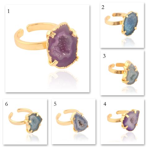 Natural Geode Druzy Gold Electroplated Adjustable Rings, Geode Ring, Handmade Prong Set Ring, Statement Rings Geode Ring Electroplated Ring Slice Ring, Geode Ring, Agate Slice, Ring Stone, Set Ring, Handmade Rings, Plated Ring, Gold Plated Rings, Pretty Earrings