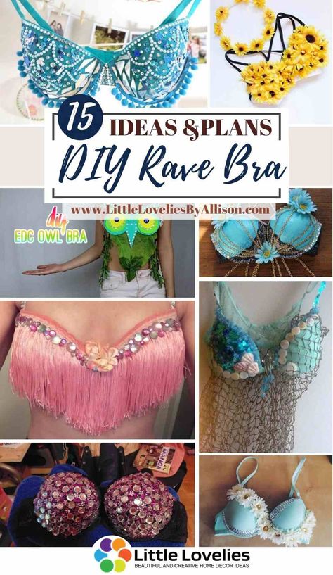 15 DIY Rave Bra Ideas – How To Decorate A Bra Rave Bra Diy, Diy Festival Outfit, Diy Rave Outfits, Rave Outfits Diy, Bedazzled Bra, Burlesque Bra, Decorated Bras, Bra Ideas, Bra Art