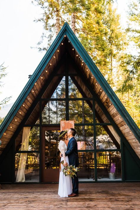 Intimate A-Frame Cabin Wedding at Mount Rainier Washington Mountains, Airbnb Wedding, Cabin Wedding, How To Elope, Wedding Venue Inspiration, A Frame Cabin, Mountain Elopement, Oregon Wedding, Elopement Locations