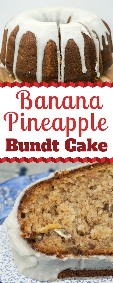 Cake That Doesn't Last is a moist Banana Pineapple Bundt Cake topped with a tangy cream cheese glaze. And it's amazingly easy to make. One bowl. One spoon. One delicious cake. | The Cake That Doesn't Last | Banana Bundt Cake with Pineapple | Banana Pineapple Cake with Cream Cheese Glaze | One Bowl Banana Cake Glaze | #Banana #Pineapple #CreamCheese #BundtCake #Cake #Recipes Pineapple Banana Bundt Cake Recipe, Banana And Pineapple Cake, Banana Pineapple Recipes, Banana Pineapple Bundt Cake, Pineapple Banana Cake, Banana Pineapple Cake, Banana Cake Bundt, Banana Nut Bundt Cake, Baklava Banana Bundt Cake